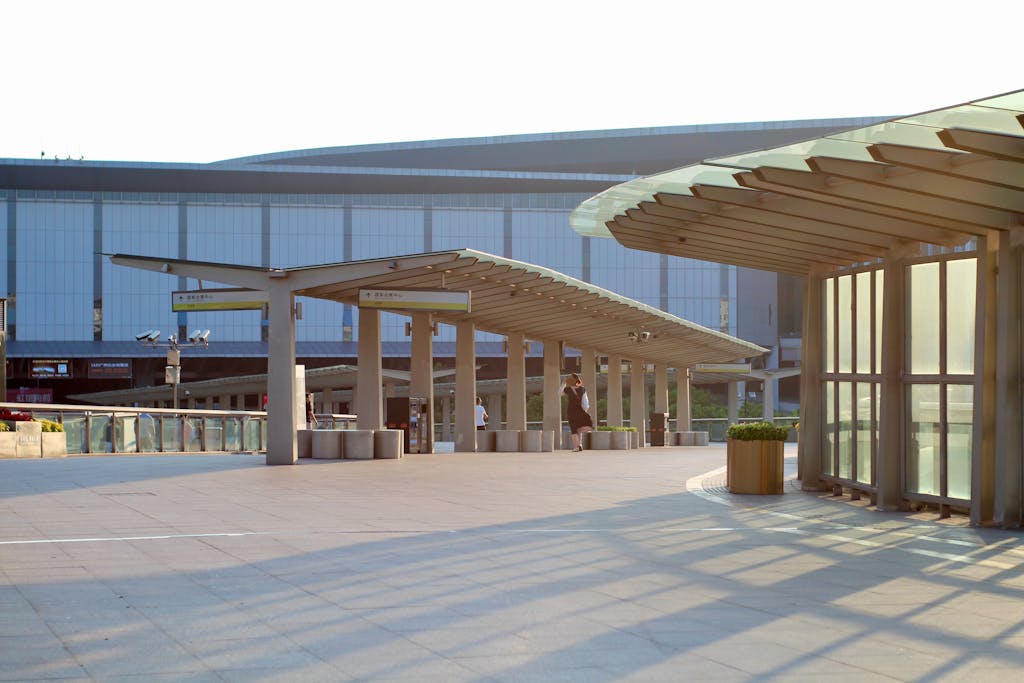 Contemporary urban canopy structure in city setting during the day.